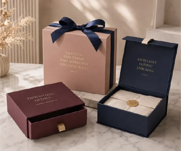 Luxury packaging showcase with premium custom boxes