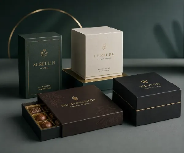 Luxury packaging showcase with premium custom boxes